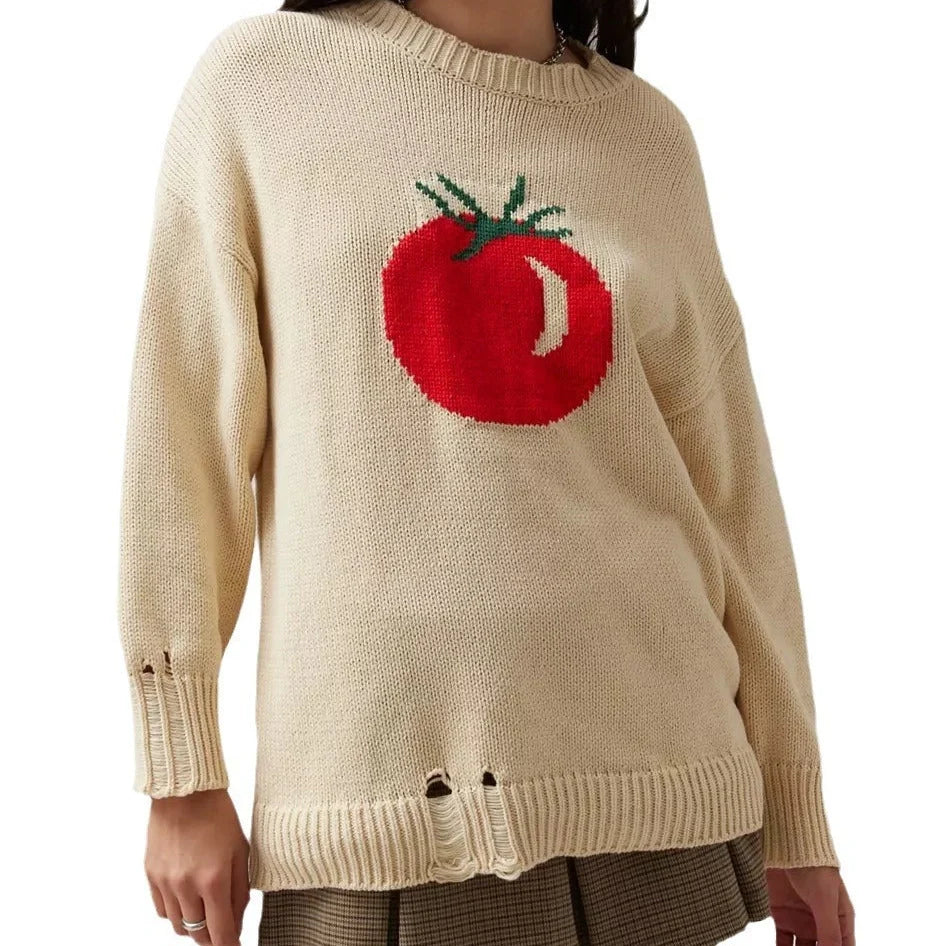 Women's milky white round neck acrylic sweater with Jacquard texture and loose-fitting long sleeves