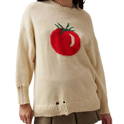 Women's milky white round neck acrylic sweater with Jacquard texture and loose-fitting long sleeves