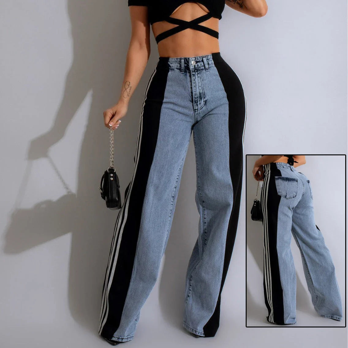 Stylish denim pants with three-stripe patchwork design in various color options