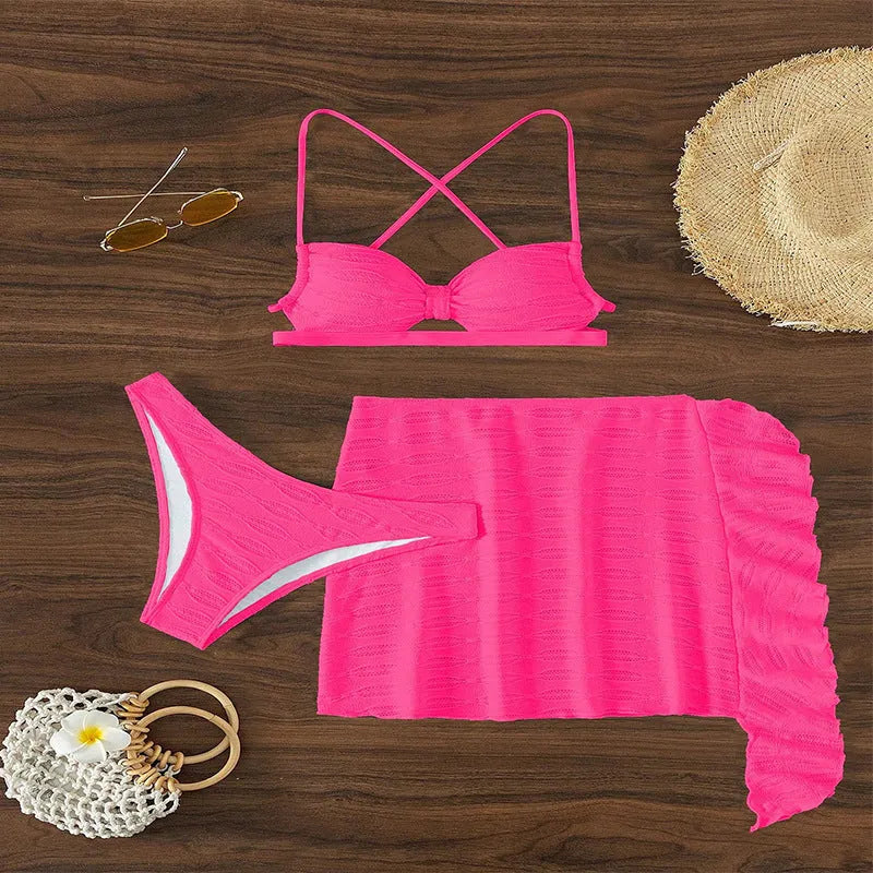 Women's light pink lace-up bikini three-piece swimsuit with removable skirt