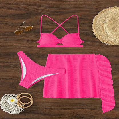 Women's light pink lace-up bikini three-piece swimsuit with removable skirt