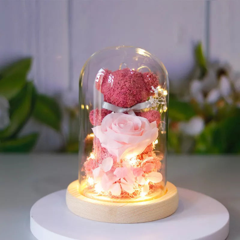 Eternal preserved rose and teddy bear gift box with warm LED lights