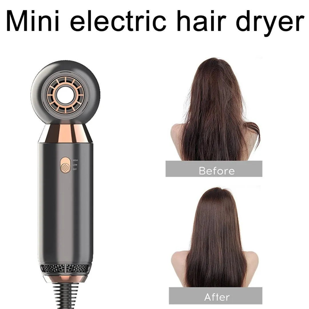 Compact leafless hair dryer with diffuser accessory, measuring 20cm with 800w power and ionic technology