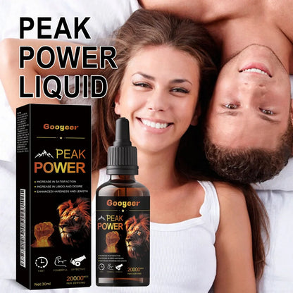 Googeer Peak Power 30ml liquid energy supplement bottle with dropper containing 200mg caffeine per serving