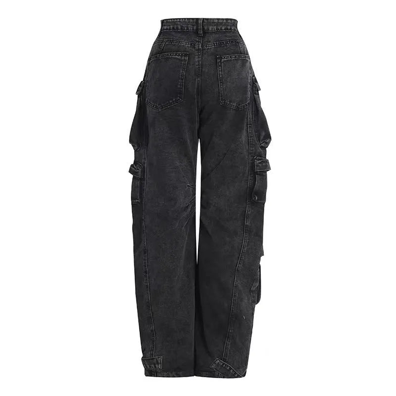 Blue high waist wide leg denim trousers with multiple pockets on a mannequin