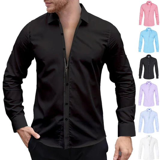 Stylish Long Sleeve Shirt with Zipper and Button Design for Men in Various Colors
