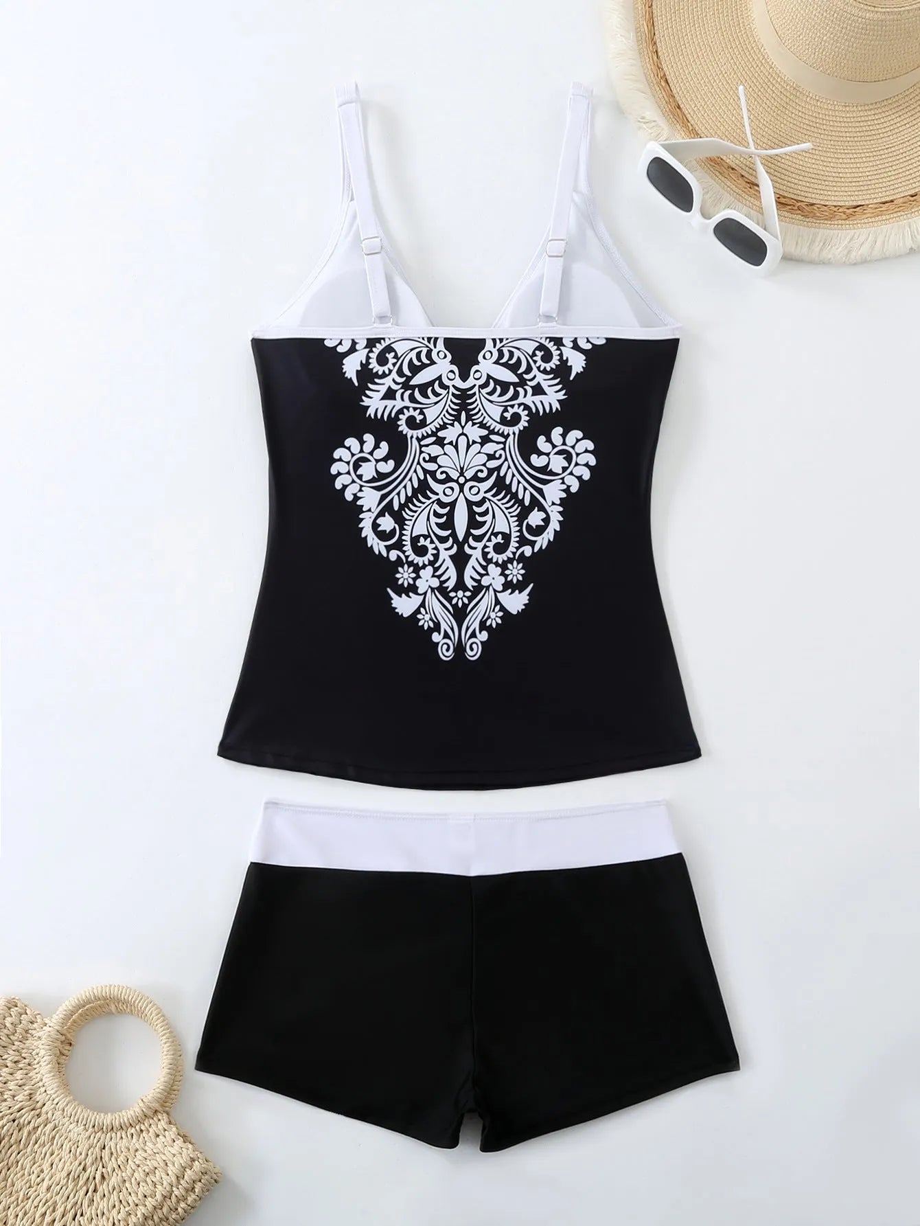 Plus size women's swimsuit in black or rose red with briefs style and cotton lining for swimming