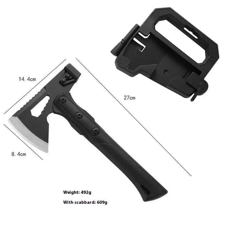 Stainless steel camping axe with ABS handle showing 40cm length