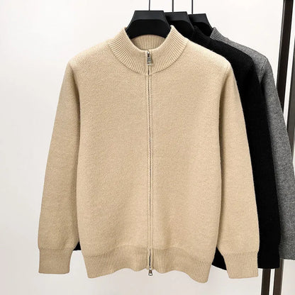 Men's grey knitted zip cardigan with stand collar showing loose fit and thickened fabric texture