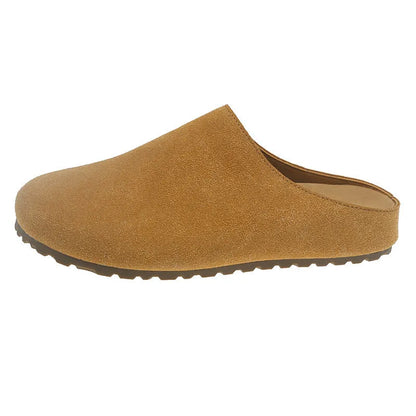 Korean-style flat outdoor slippers in apricot colour with square toe design and slip-on style