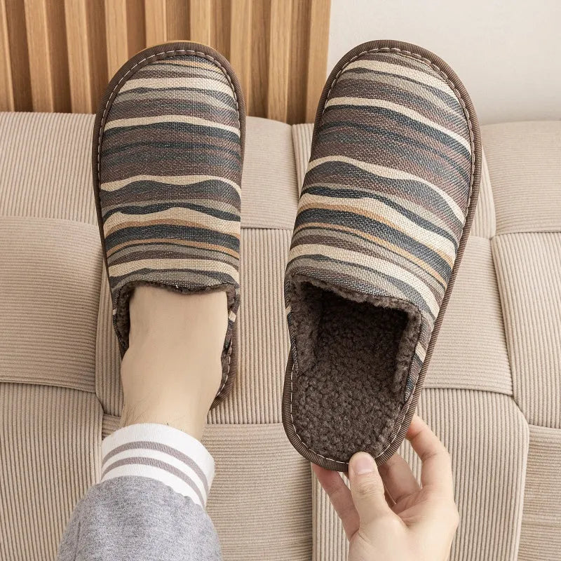 Warm winter linen-surface cotton household slippers in red flower colour with PVC sole.