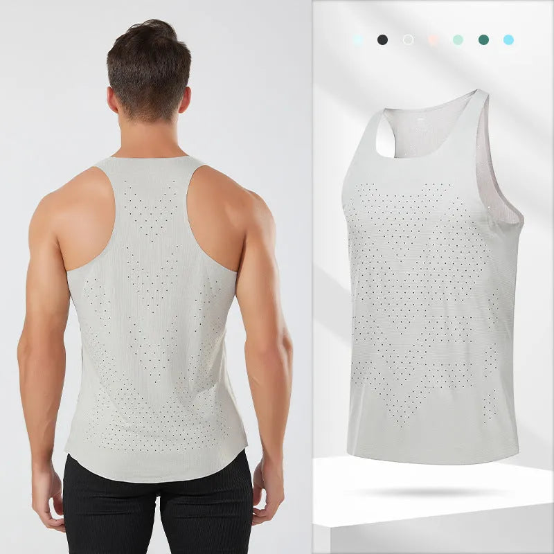 Men's sleeveless polyester running vest in seven colours, sizes S to 2XL, solid colour sports top