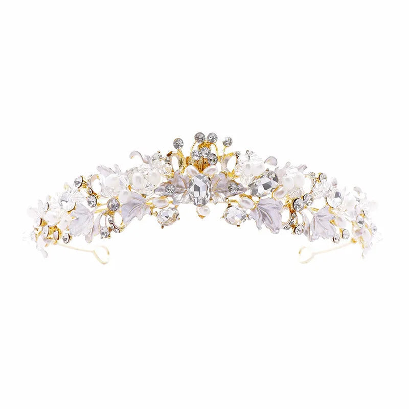 Women's electroplated pearl crown headdress in gold or silver colour for weddings