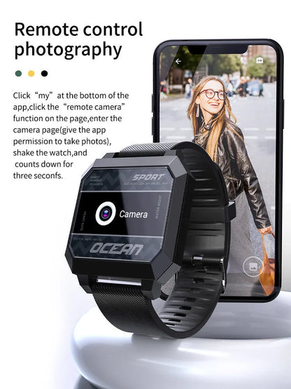 Smart sports watch with 0.96 inch touch screen, silicone strap, PC ABS case, available in black green orange