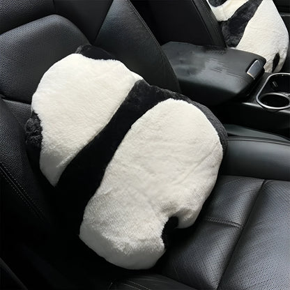 Cartoon panda design plush lumbar support cushion for car seats on a grey background.