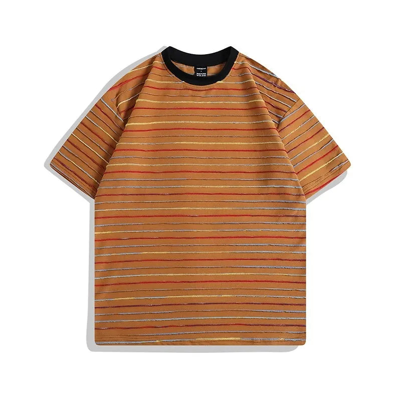 Man wearing a loose-fit striped short sleeve t-shirt with a round neck in a grey colour.
