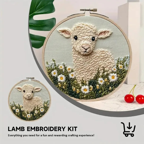 Sheep design embroidery pin punch craft kit with cloth materials and complete beginner set