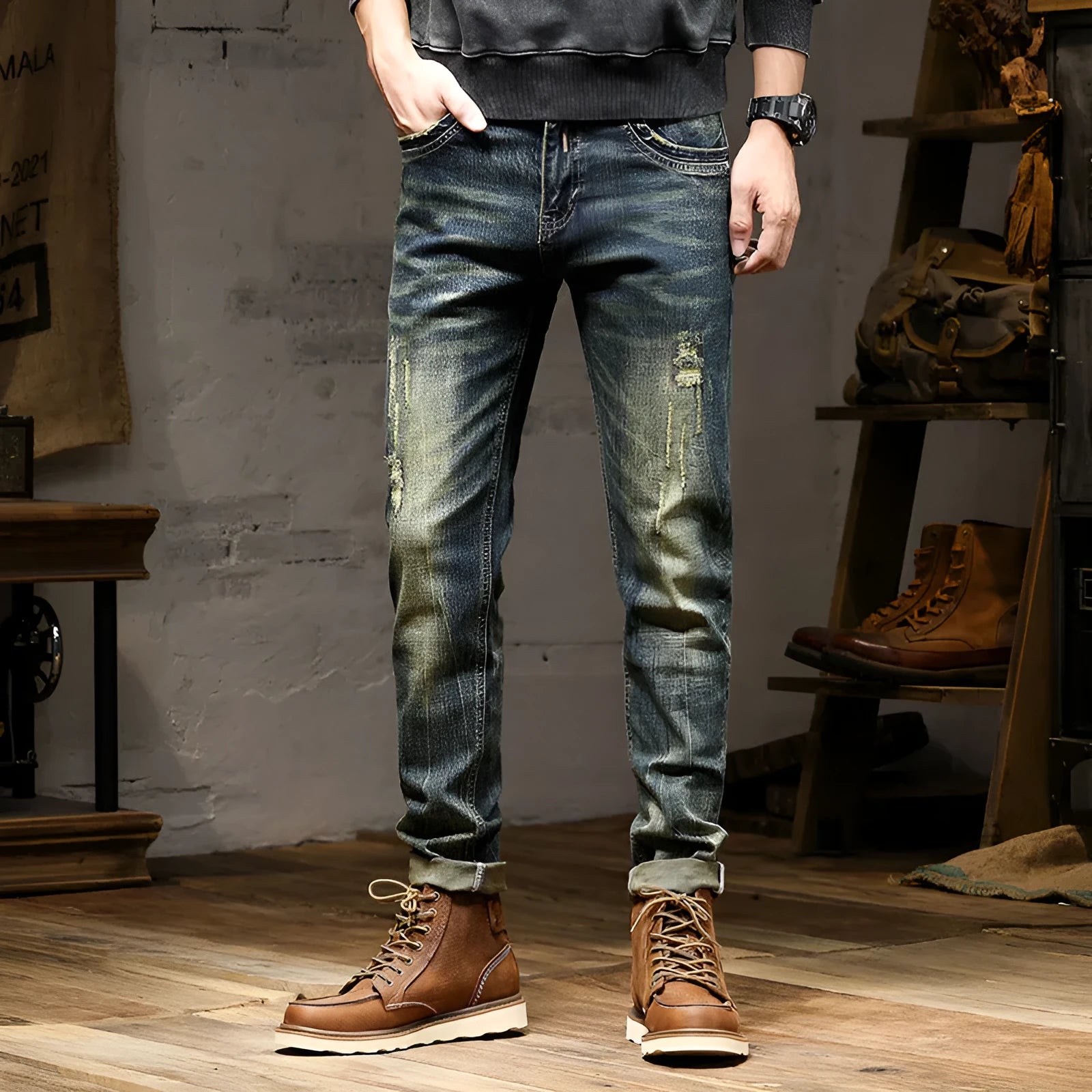 Men's skinny fit jeans in retro colour with stretch denim fabric and zip fly, sizes 28-38