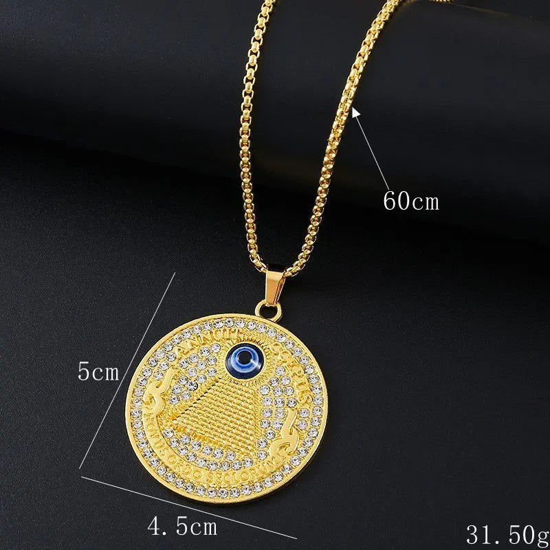 Gold geometric alloy pendant necklace with diamond-cut facets and inlaid sparkling zircon stones on a chain.