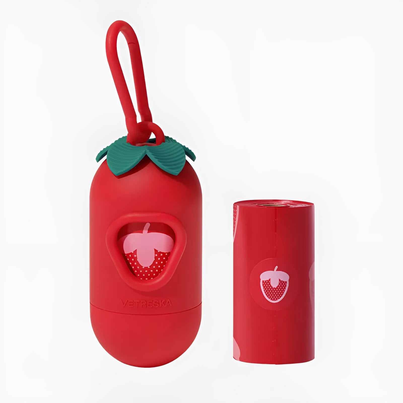 Dog poo bag dispenser capsule with roll of scented waste bags in strawberry, orange, or cherry blossom options