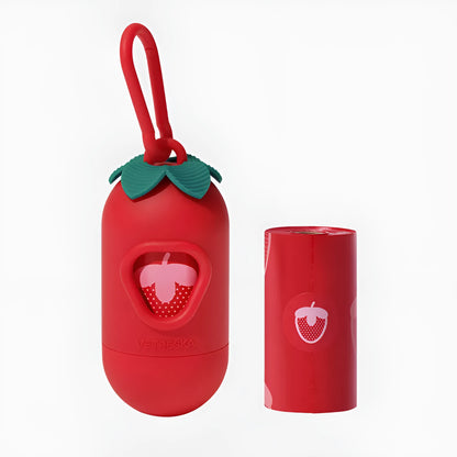 Dog poo bag dispenser capsule with roll of scented waste bags in strawberry, orange, or cherry blossom options