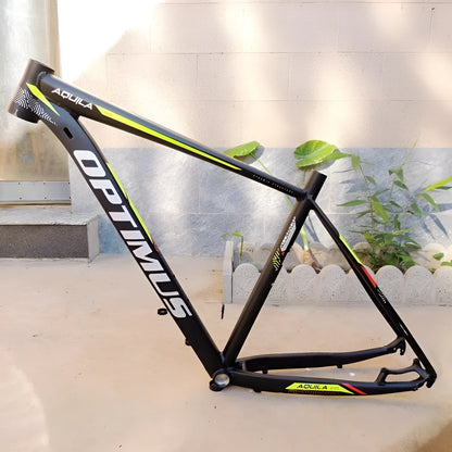 29-inch aluminium mountain bike frame in black green with disc brake mount and inner cable routing