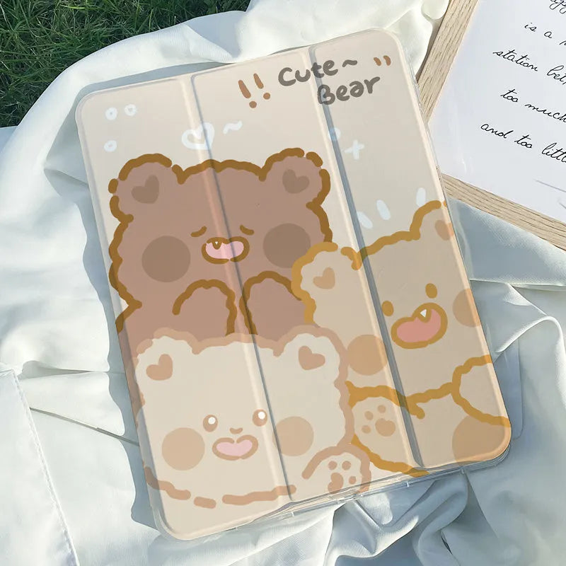 Rabbit Flat Tri-Fold Protective Case for iPad in silicone with cartoon design, showing tri-fold stand and compatibility with multiple models.