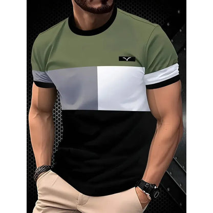 Men's loose fit digital printed T-shirt with striped pattern and short sleeves