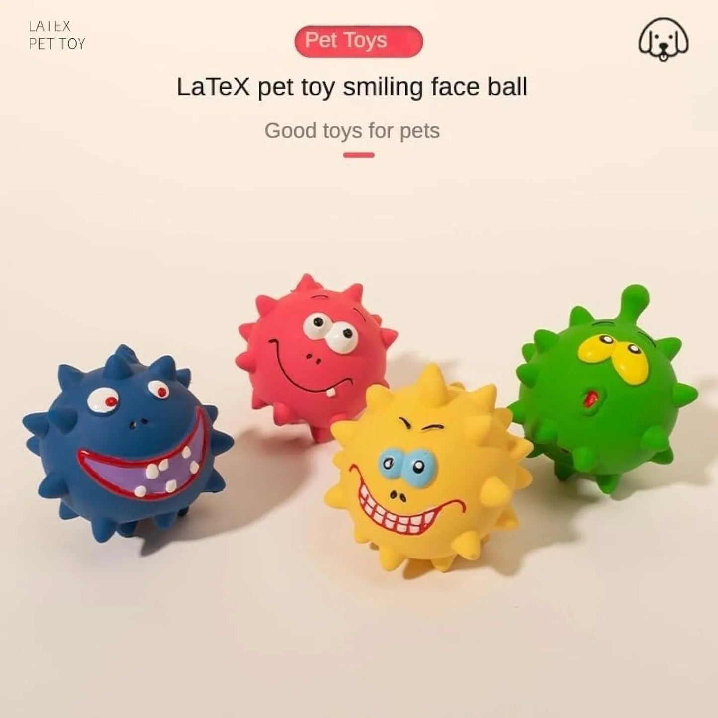 Four natural latex dog squeaky toys with bumpy surfaces and cute faces in blue, green, red, and yellow colours