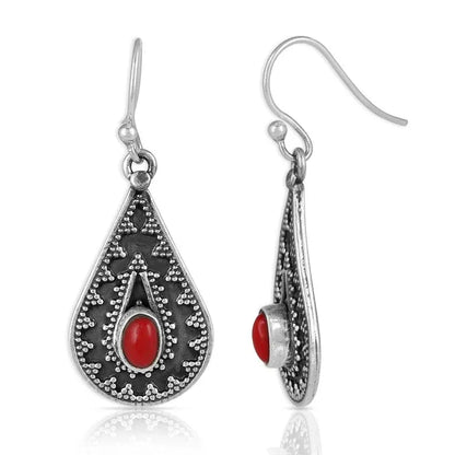 Silver drop-shaped earrings with red pine gemstone details and European American national style design