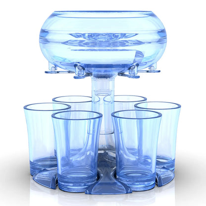 Transparent six-shot glass dispenser rack with individual covers on a wooden bar