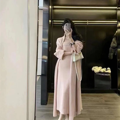 Women's knitted cardigan dress and coat suit in free size with flocked texture, available in multiple colours