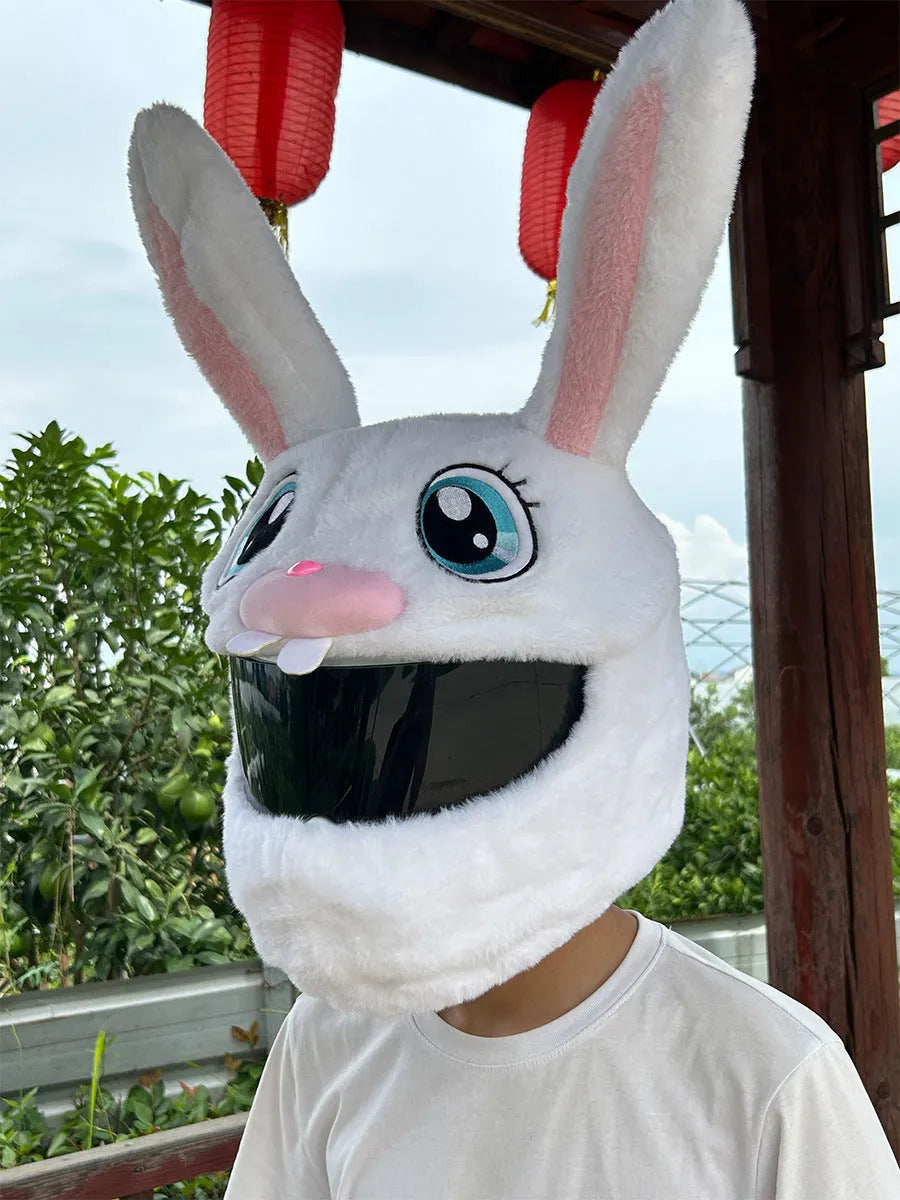 White long eared rabbit head decorative helmet cover for electric motorcycle
