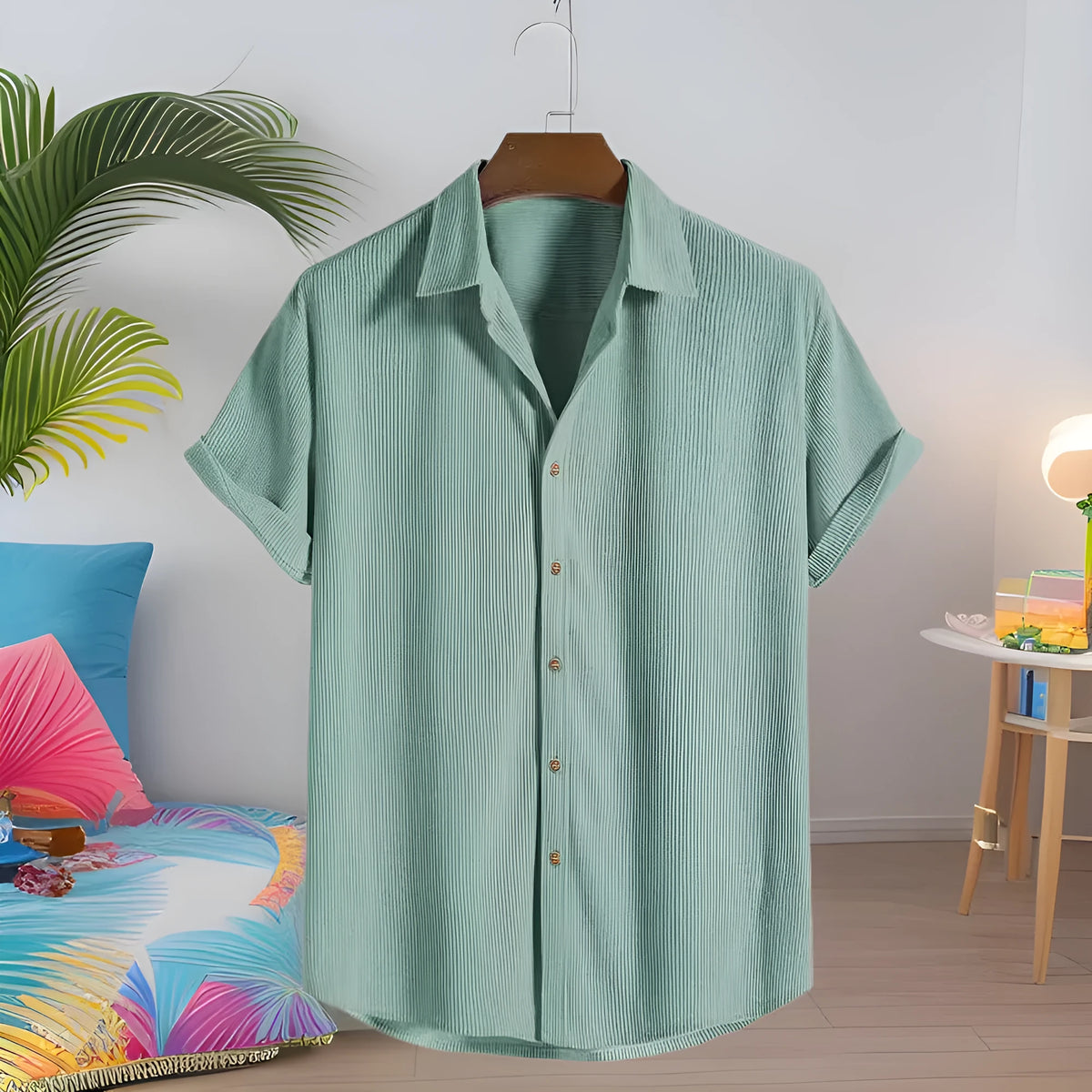 Men's casual short-sleeved cardigan shirt in polyester fabric showing colour options and relaxed fit