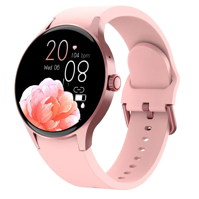 46mm smart Bluetooth sport watch with round colour touchscreen on wrist, shown in black, blue, pink, or red.