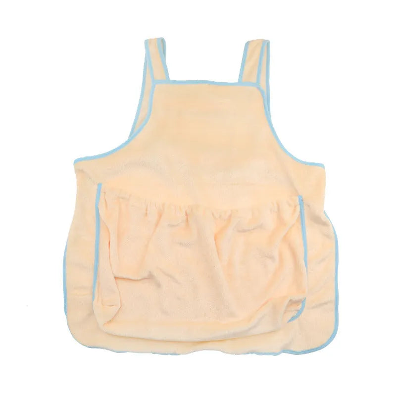 Beige plush pet carrier apron with adjustable neck strap and fresh air opening for small cat or dog
