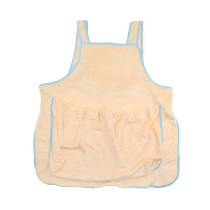 Beige plush pet carrier apron with adjustable neck strap and fresh air opening for small cat or dog