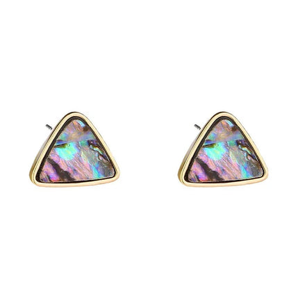 Triangular earrings with natural abalone shell set in a sleek zinc alloy frame