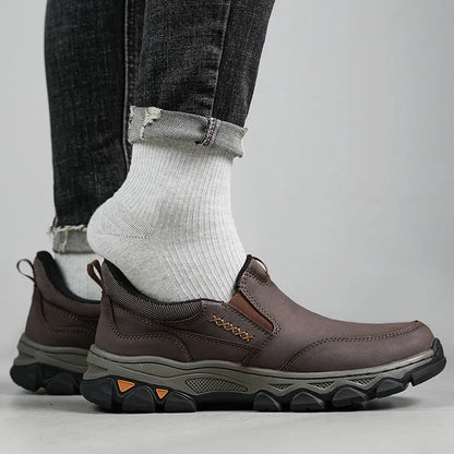 Men's round-toe casual leather shoes with a flat heel and rubber sole in black, brown, or grey.