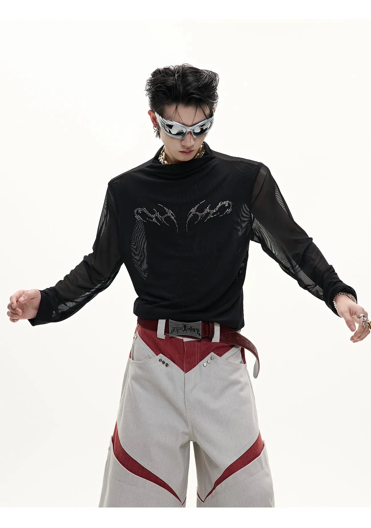 Black and white long sleeve slim fit mesh bottoming shirt laid flat.