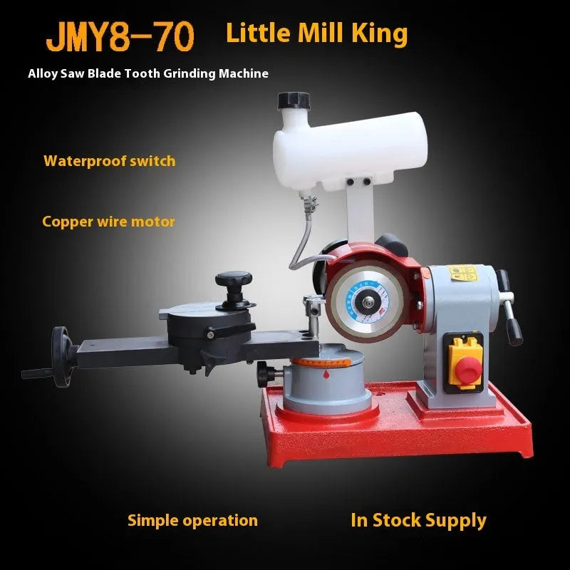 Xiao Mo Wang manual benchtop grinding machine for sharpening alloy circular saw blades on a workbench.