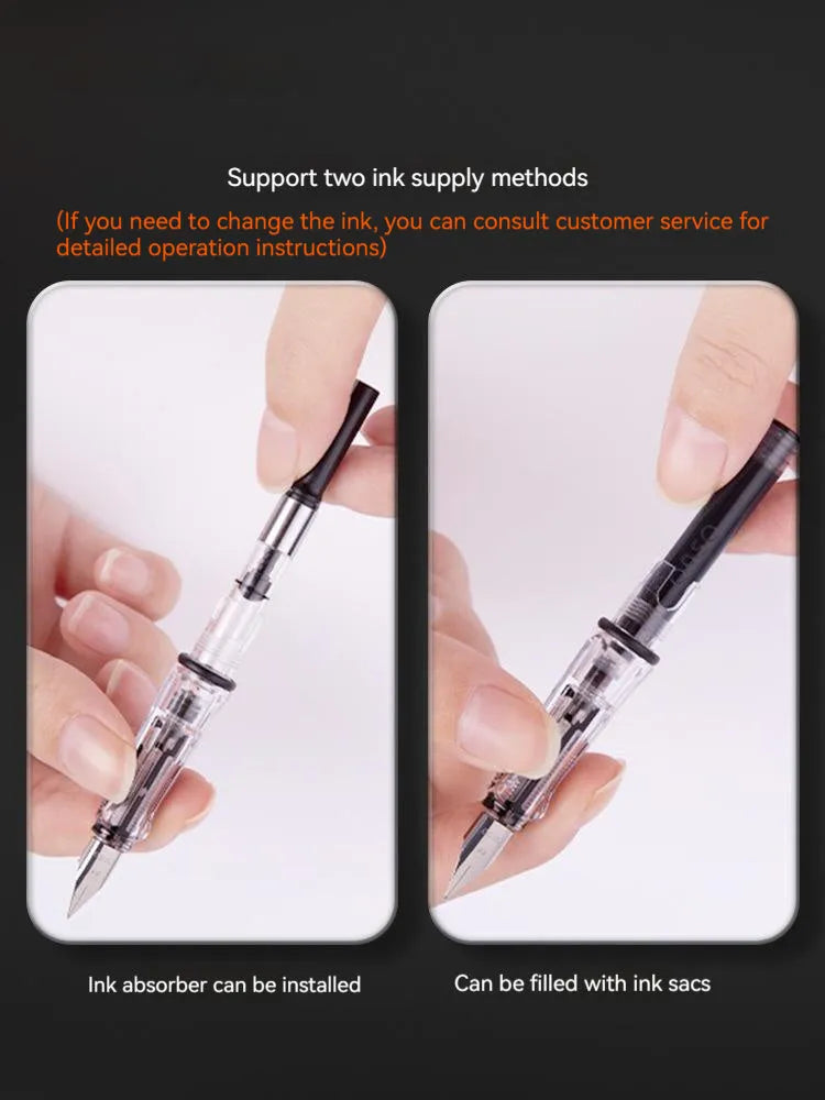 Student automatic suction pen set showing pen, ink feeder, and handbag with 0.38mm and 0.5mm nib options