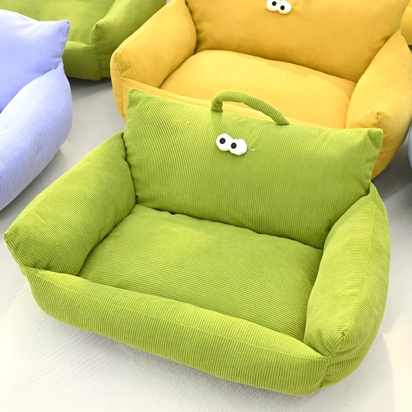 Cartoon big eye pet sofa kennel bed in blue colour with moon velvet fabric and PP cotton filling