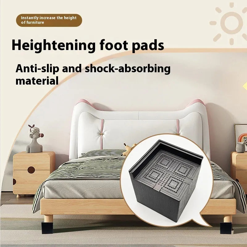 Four black plastic bed foot mats showing 2cm thickness and 10cm diameter for furniture levelling