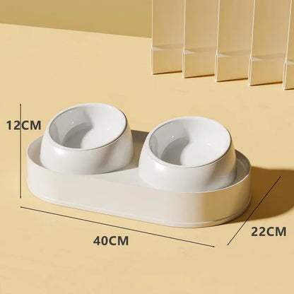 White elevated pet feeder with two tilted bowls on a non-slip base, for cat and small dog food and water.