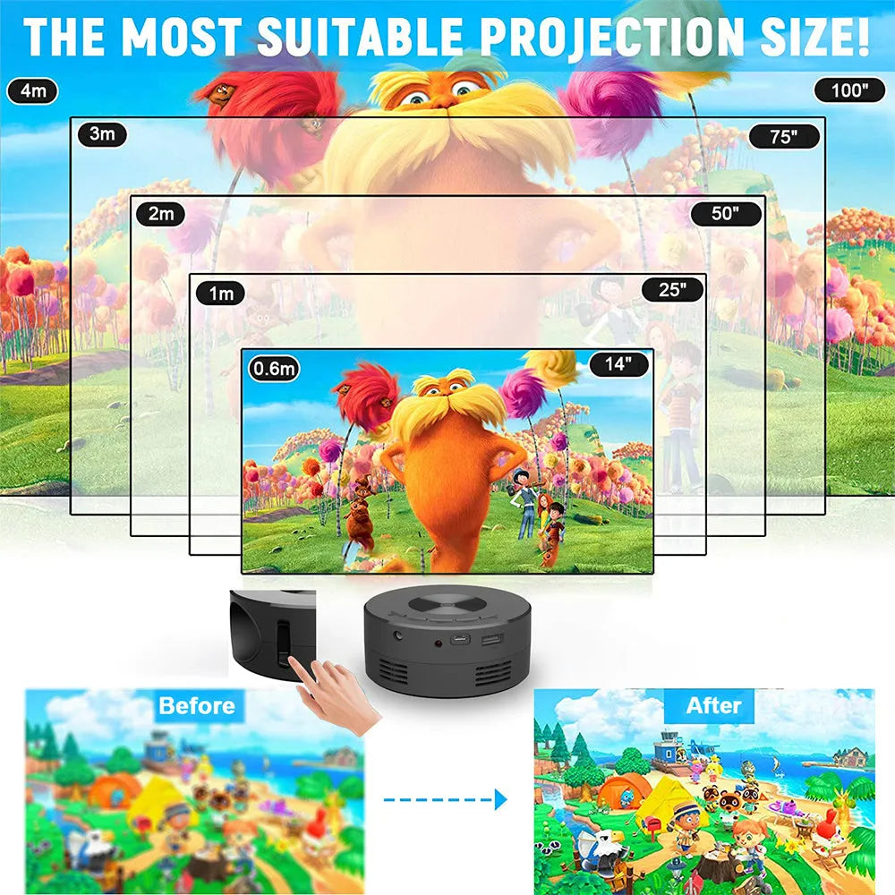 Black portable children's mobile phone projector with compact 110mm ABS plastic housing for home and outdoor use