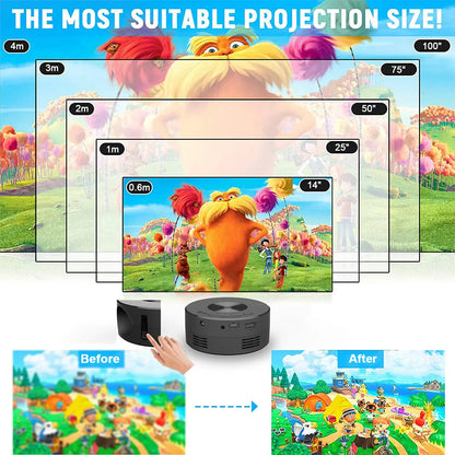 Black portable children's mobile phone projector with compact 110mm ABS plastic housing for home and outdoor use