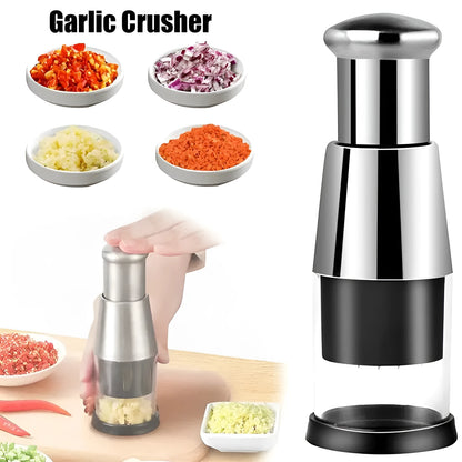 Black manual garlic press and onion chopper with stainless steel blades measuring 6x16cm