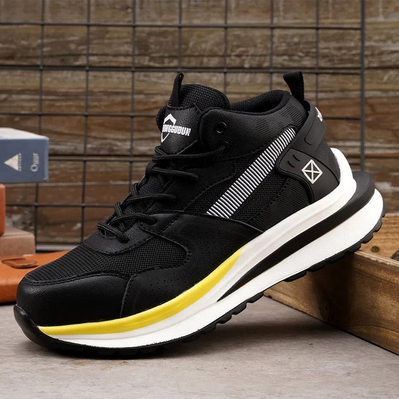 Low-top lace-up safety work shoes with a steel toe cap and anti-penetration rubber sole in black, brown, or grey.