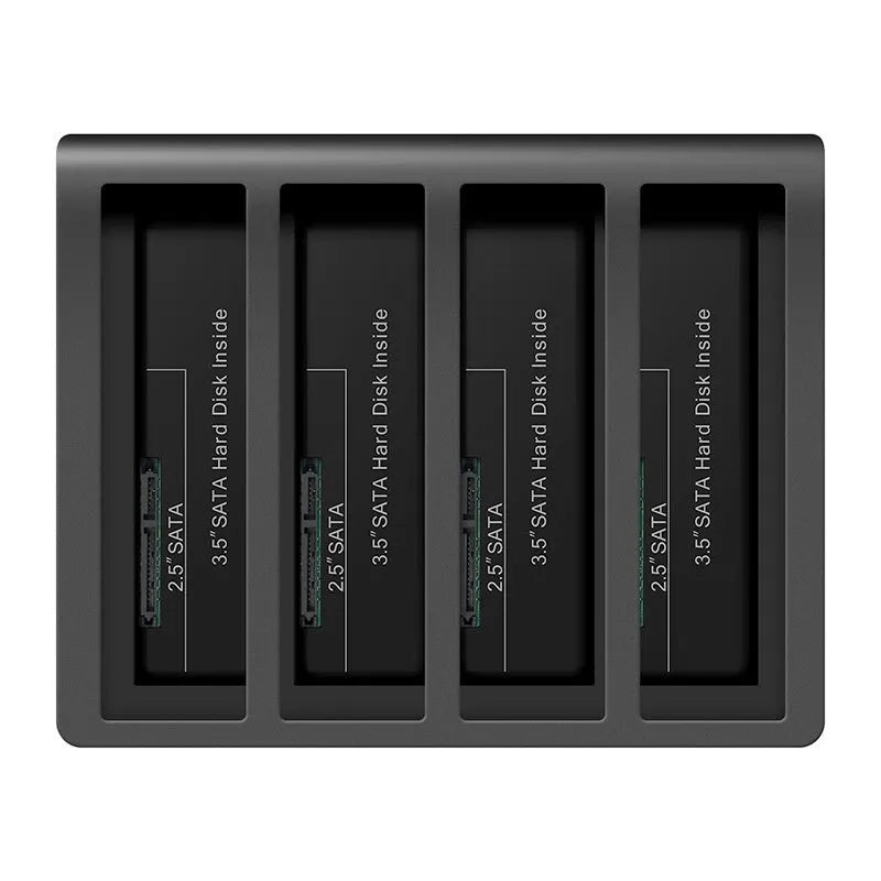 K305BU3S four-bay external hard drive docking station with four 2.5-inch SATA drives inserted, showing USB 3.0 and power cables.